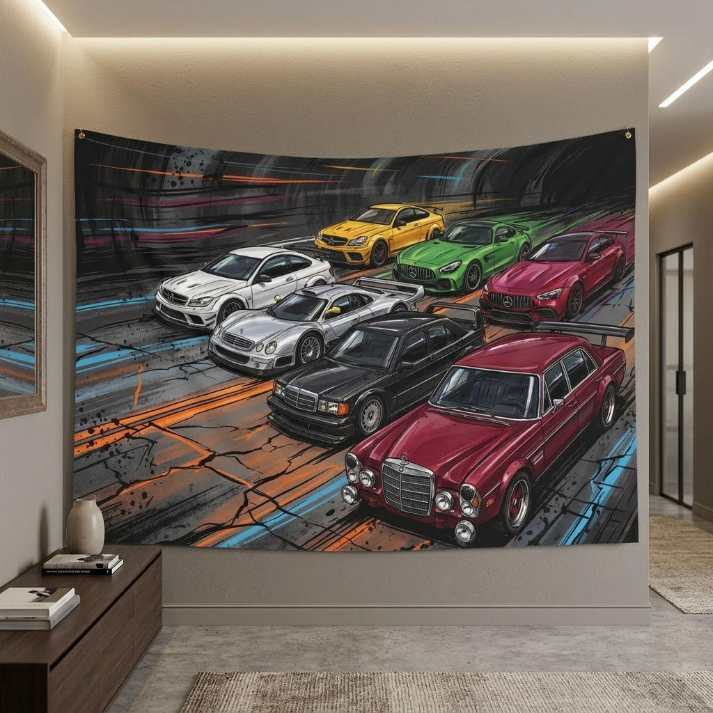 Mercedes-AMG Legends 300 SEL CLK GTR C63 GT R Heritage Car Wall Art Tapestry