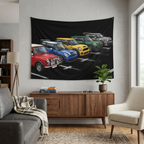 Mini Cooper Generations Classic to Modern Multicolour Lineup Car Wall Art Tapestry