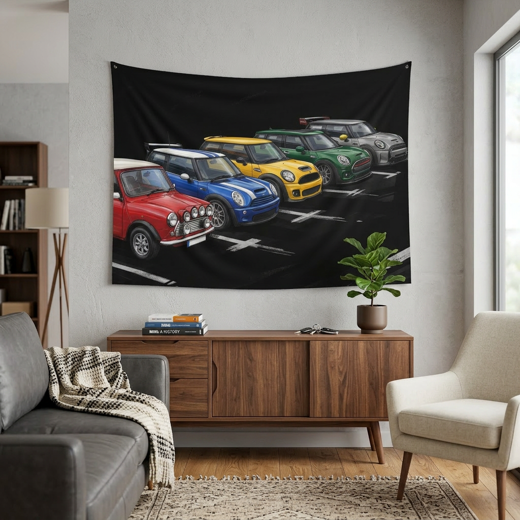 Mini Cooper Generations Classic to Modern Multicolour Lineup Car Wall Art Tapestry
