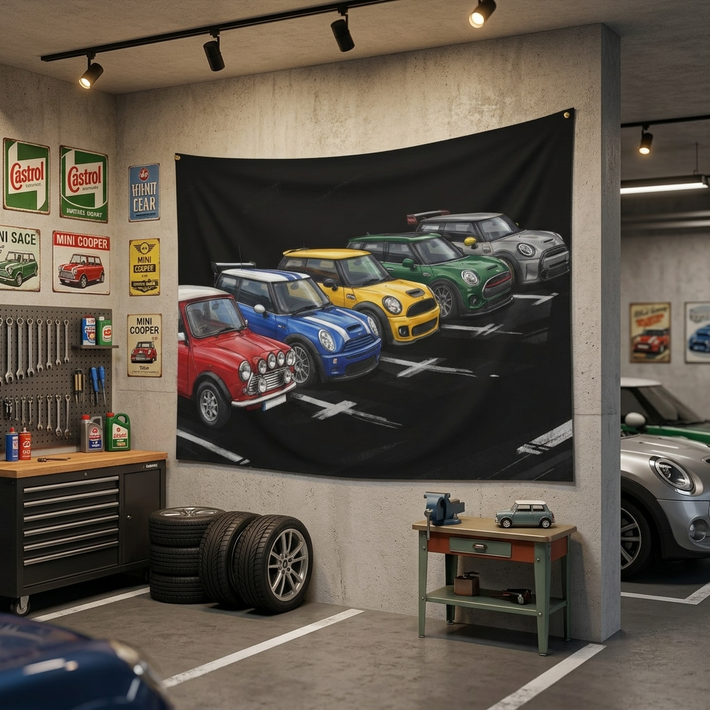 Mini Cooper Generations Classic to Modern Multicolour Lineup Car Wall Art Tapestry