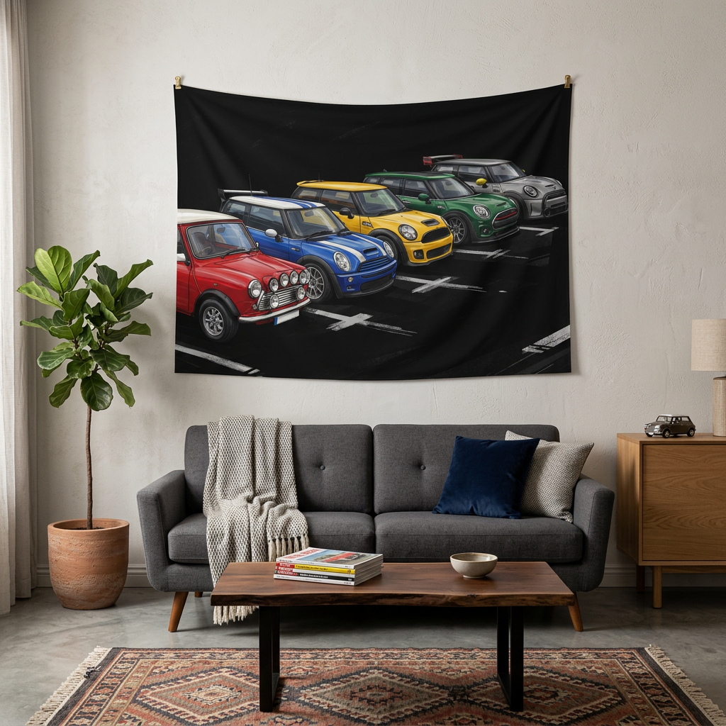 Mini Cooper Generations Classic to Modern Multicolour Lineup Car Wall Art Tapestry