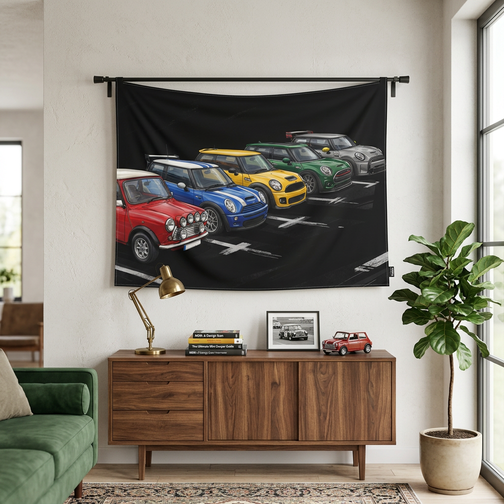 Mini Cooper Generations Classic to Modern Multicolour Lineup Car Wall Art Tapestry