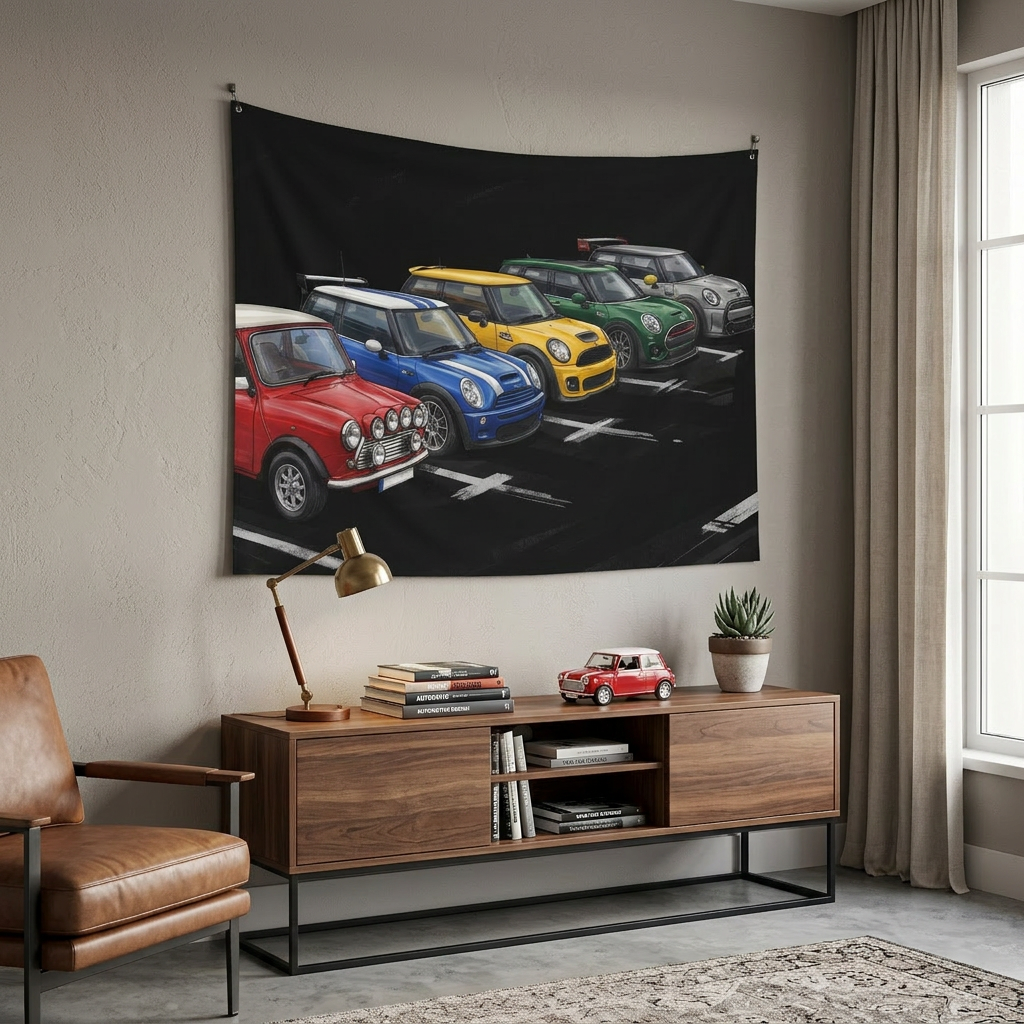 Mini Cooper Generations Classic to Modern Multicolour Lineup Car Wall Art Tapestry