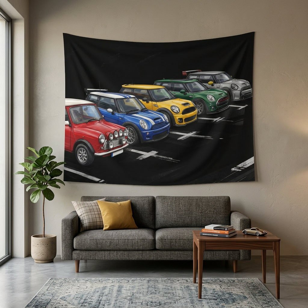 Mini Cooper Generations Classic to Modern Multicolour Lineup Car Wall Art Tapestry