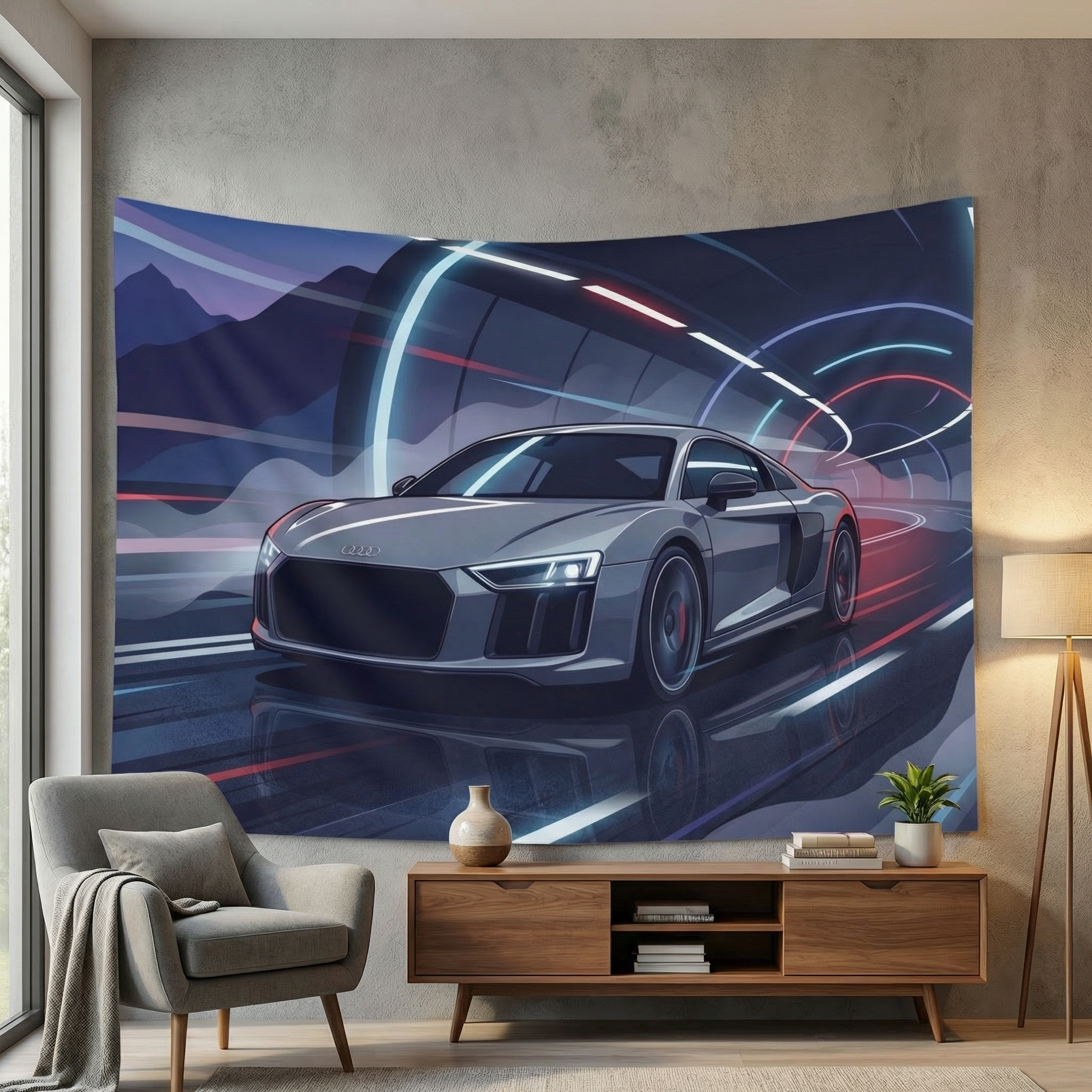 Audi R8 Car Wall Tapestry Neon Tunnel Wall Art