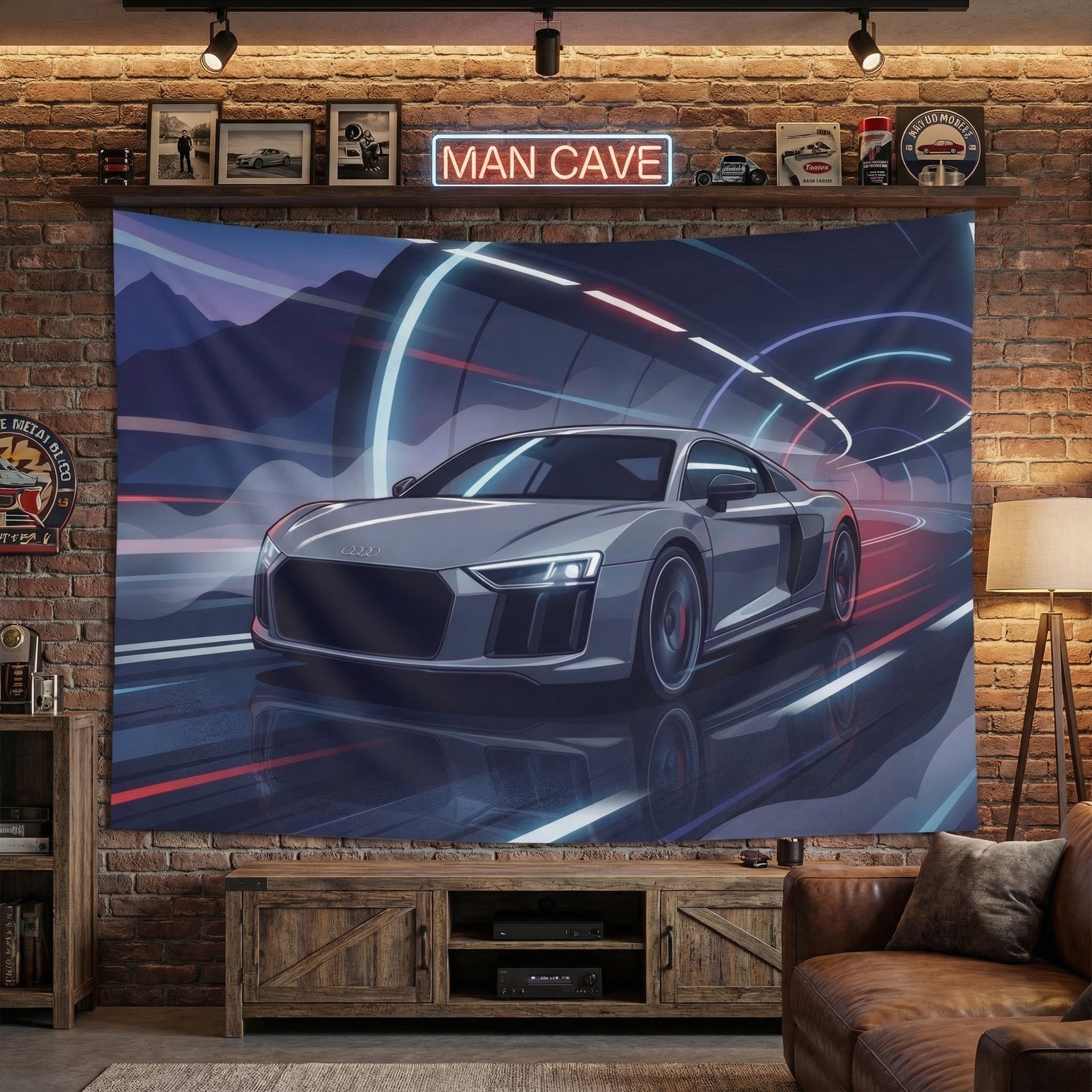 Audi R8 Car Wall Tapestry Neon Tunnel Wall Art