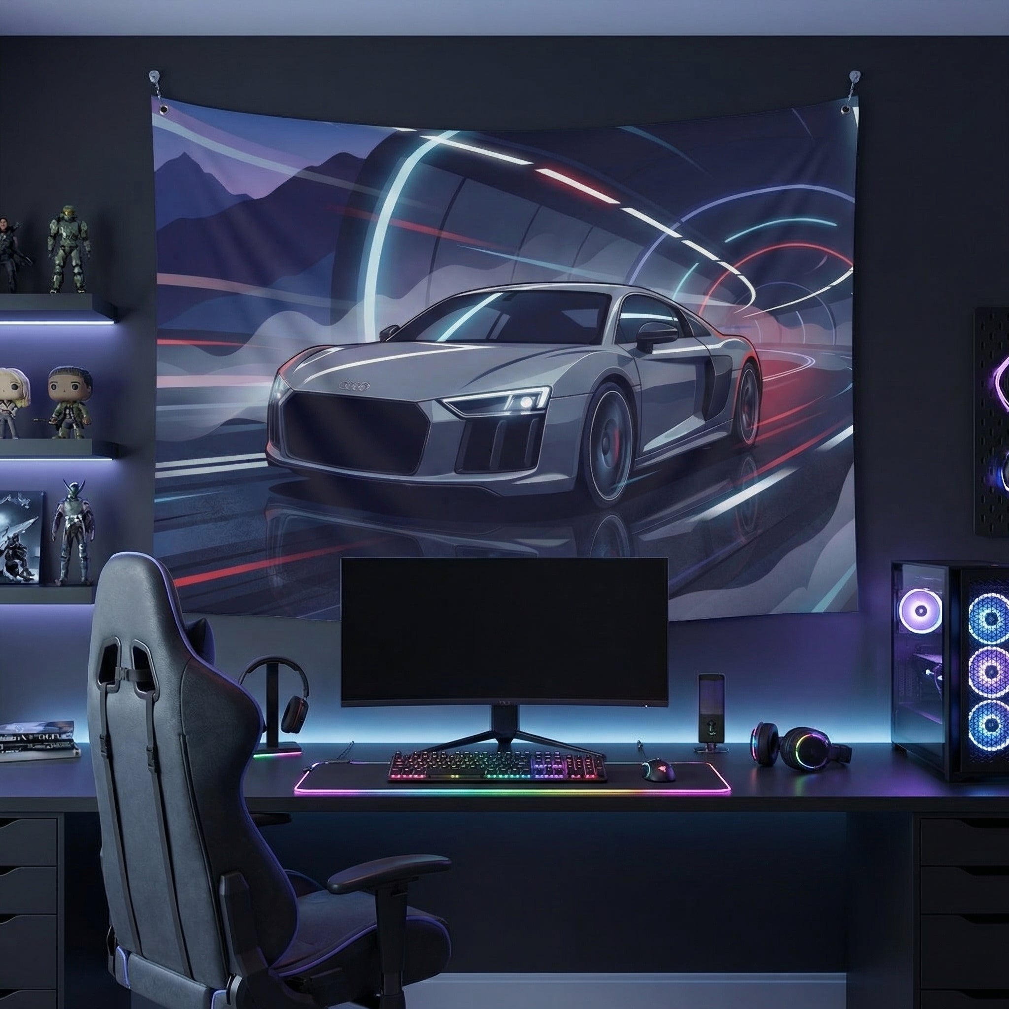 Audi R8 Car Wall Tapestry Neon Tunnel Wall Art