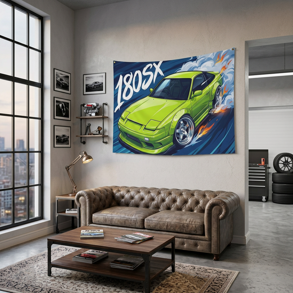 Nissan 180SX Lime Green Type X Chrome Wheels Aerial Bold Graphic Car Wall Art Tapestry