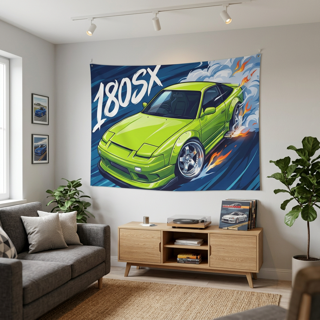 Nissan 180SX Lime Green Type X Chrome Wheels Aerial Bold Graphic Car Wall Art Tapestry