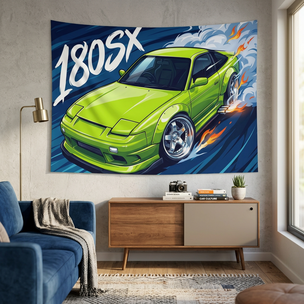 Nissan 180SX Lime Green Type X Chrome Wheels Aerial Bold Graphic Car Wall Art Tapestry