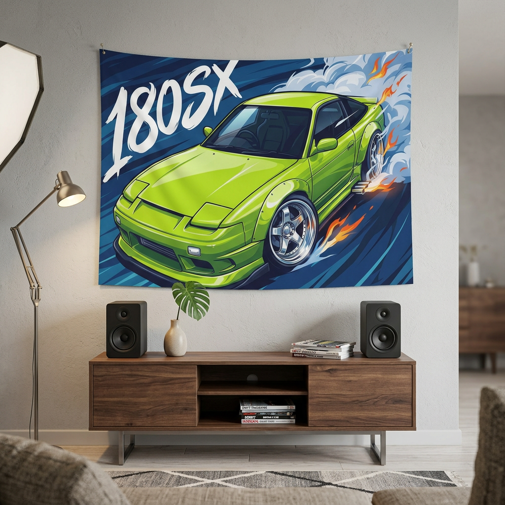 Nissan 180SX Lime Green Type X Chrome Wheels Aerial Bold Graphic Car Wall Art Tapestry