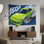 Nissan 180SX Lime Green Type X Chrome Wheels Aerial Bold Graphic Car Wall Art Tapestry