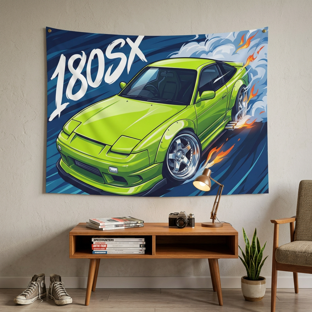 Nissan 180SX Lime Green Type X Chrome Wheels Aerial Bold Graphic Car Wall Art Tapestry