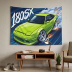 Nissan 180SX Lime Green Type X Chrome Wheels Aerial Bold Graphic Car Wall Art Tapestry