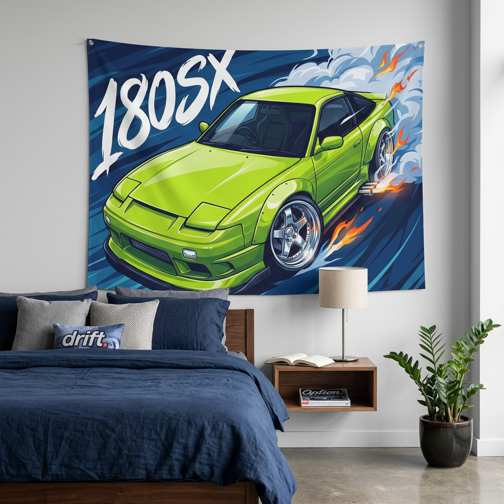 Nissan 180SX Lime Green Type X Chrome Wheels Aerial Bold Graphic Car Wall Art Tapestry