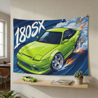 Nissan 180SX Lime Green Type X Chrome Wheels Aerial Bold Graphic Car Wall Art Tapestry