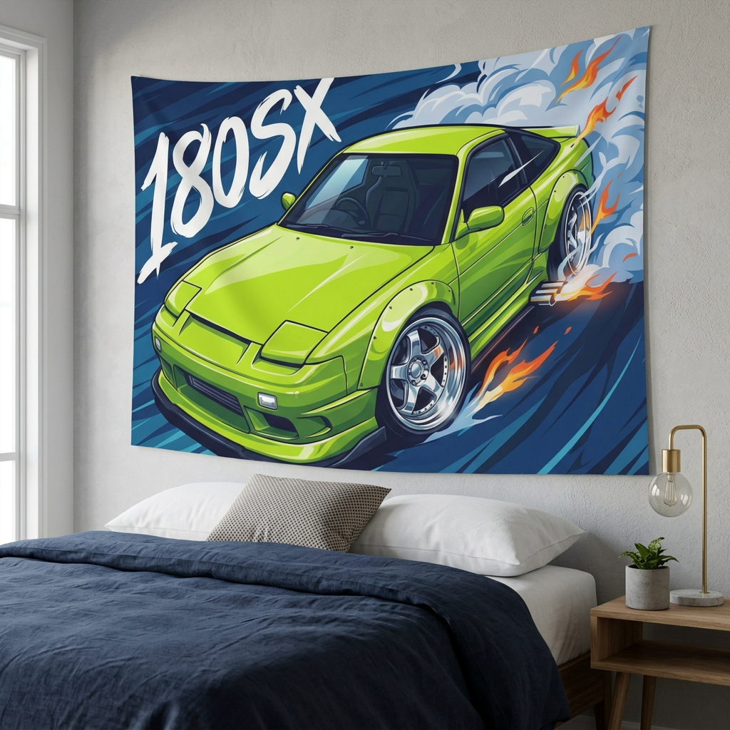 Nissan 180SX Lime Green Type X Chrome Wheels Aerial Bold Graphic Car Wall Art Tapestry