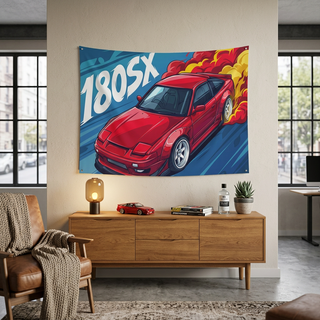 Nissan 180SX Red Pop-Up Headlight Aerial Bold Graphic Car Wall Art Tapestry