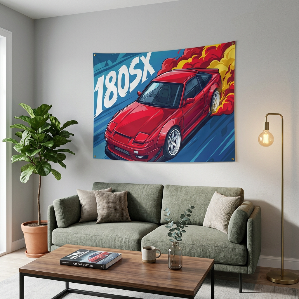Nissan 180SX Red Pop-Up Headlight Aerial Bold Graphic Car Wall Art Tapestry