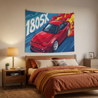 Nissan 180SX Red Pop-Up Headlight Aerial Bold Graphic Car Wall Art Tapestry