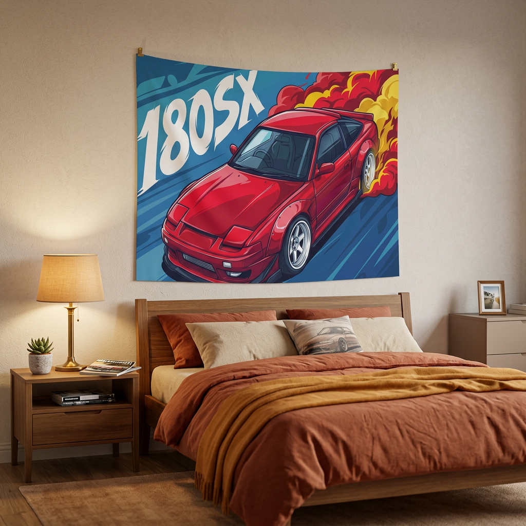 Nissan 180SX Red Pop-Up Headlight Aerial Bold Graphic Car Wall Art Tapestry
