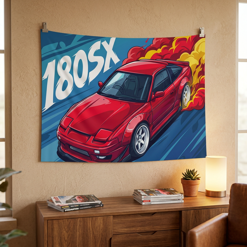 Nissan 180SX Red Pop-Up Headlight Aerial Bold Graphic Car Wall Art Tapestry