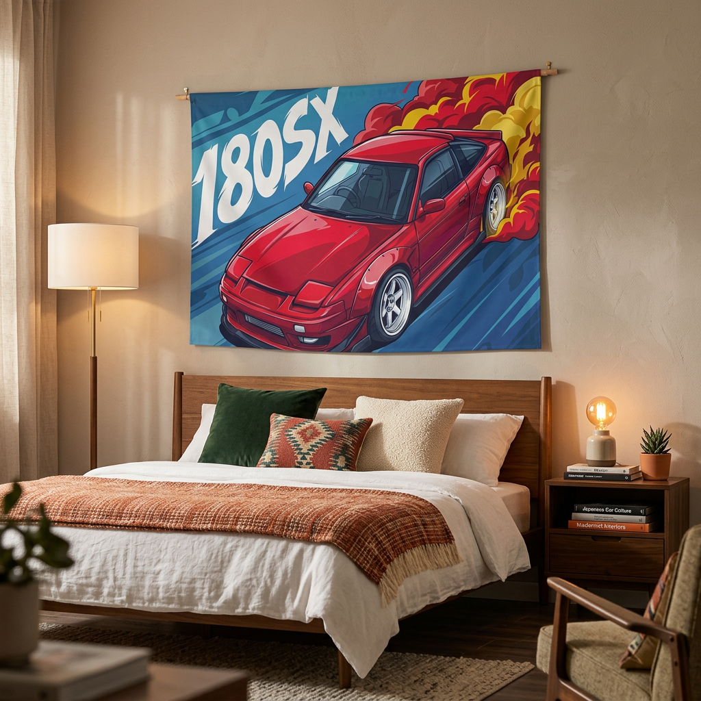 Nissan 180SX Red Pop-Up Headlight Aerial Bold Graphic Car Wall Art Tapestry
