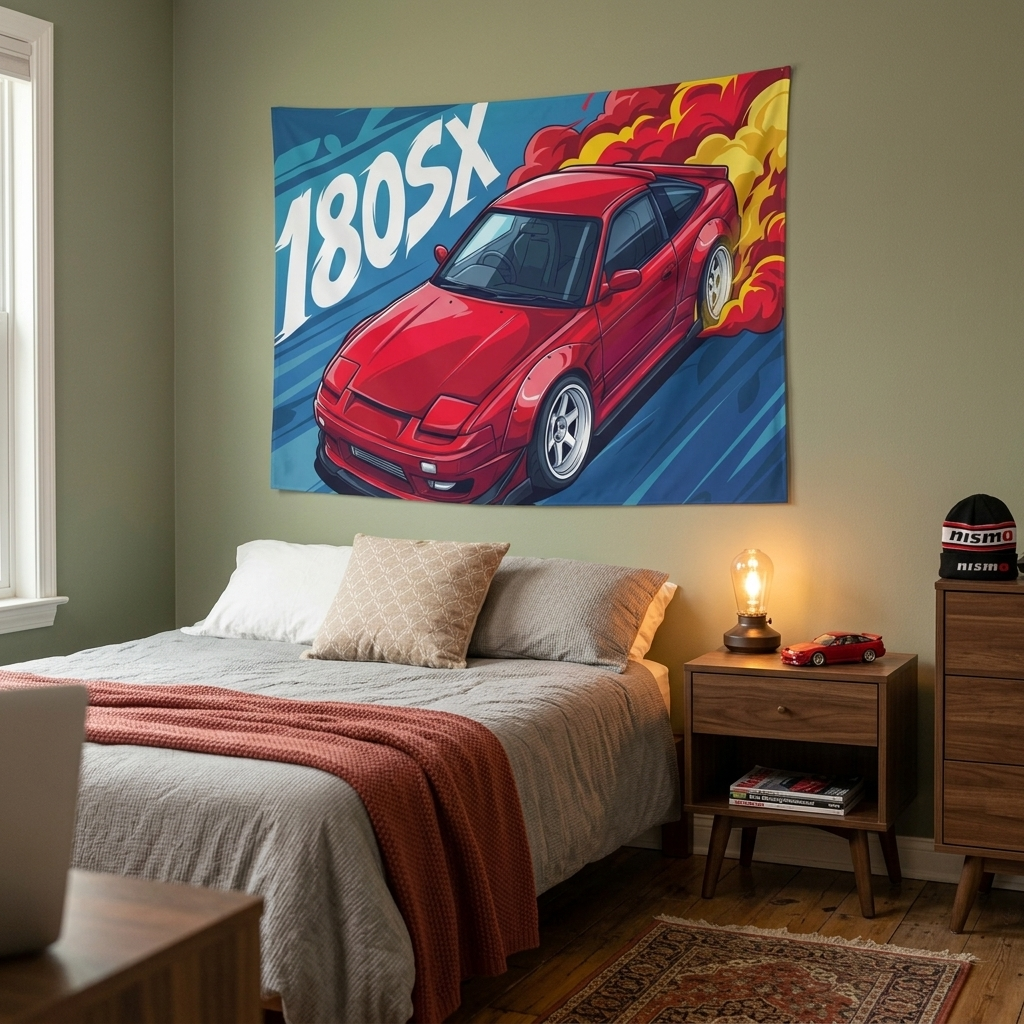 Nissan 180SX Red Pop-Up Headlight Aerial Bold Graphic Car Wall Art Tapestry