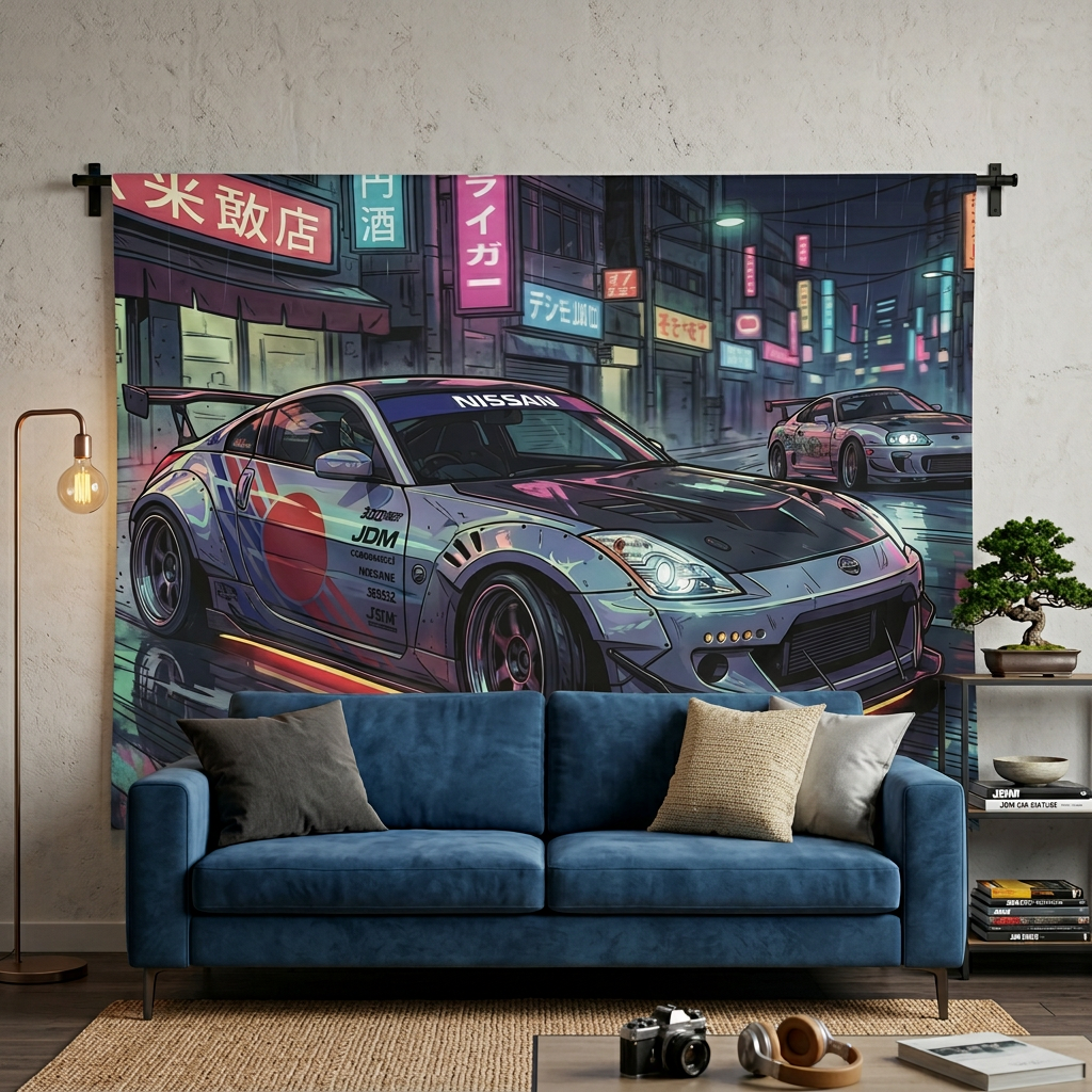 Nissan 350Z Race Livery Neon Tokyo Street JDM Drift Car Wall Art Tapestry