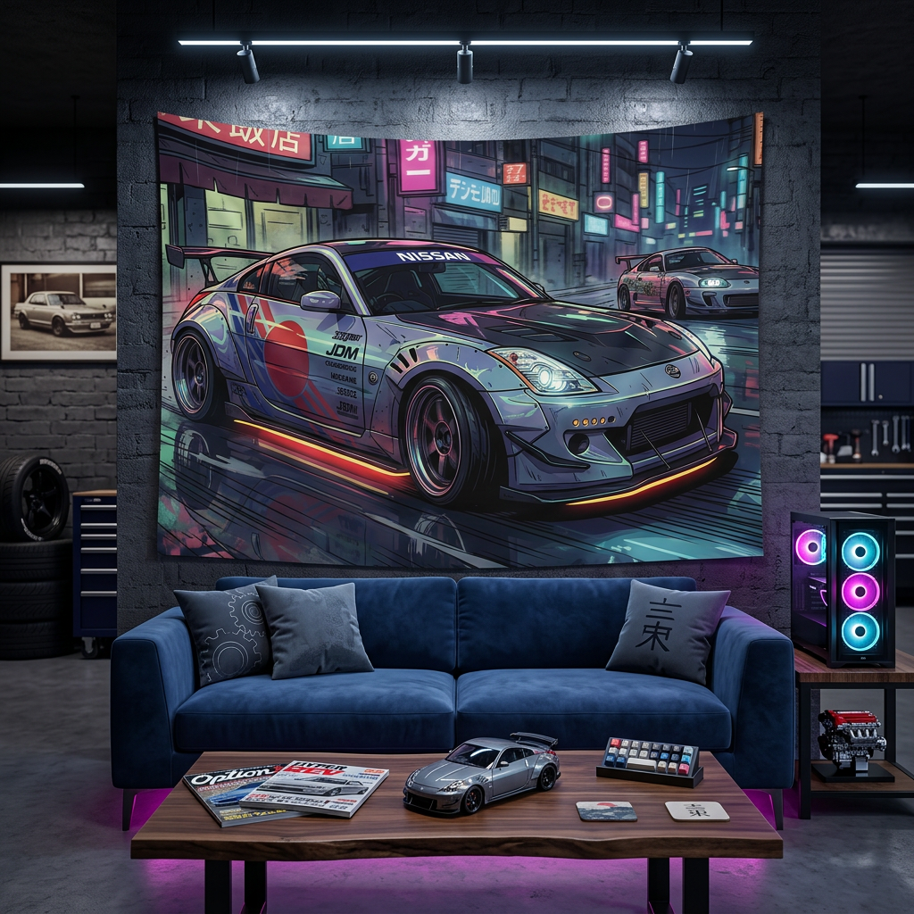 Nissan 350Z Race Livery Neon Tokyo Street JDM Drift Car Wall Art Tapestry