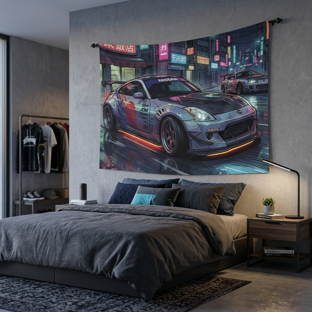 Nissan 350Z Race Livery Neon Tokyo Street JDM Drift Car Wall Art Tapestry