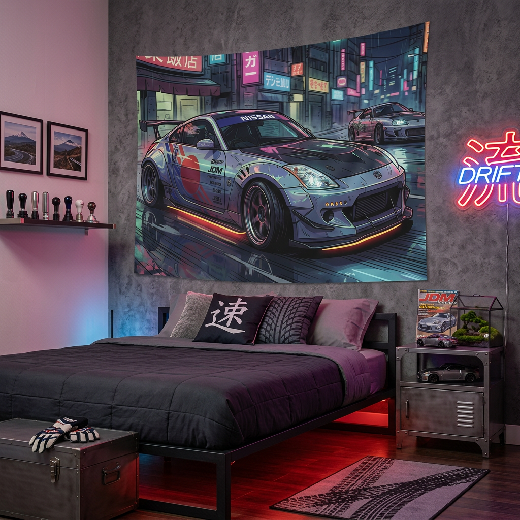 Nissan 350Z Race Livery Neon Tokyo Street JDM Drift Car Wall Art Tapestry