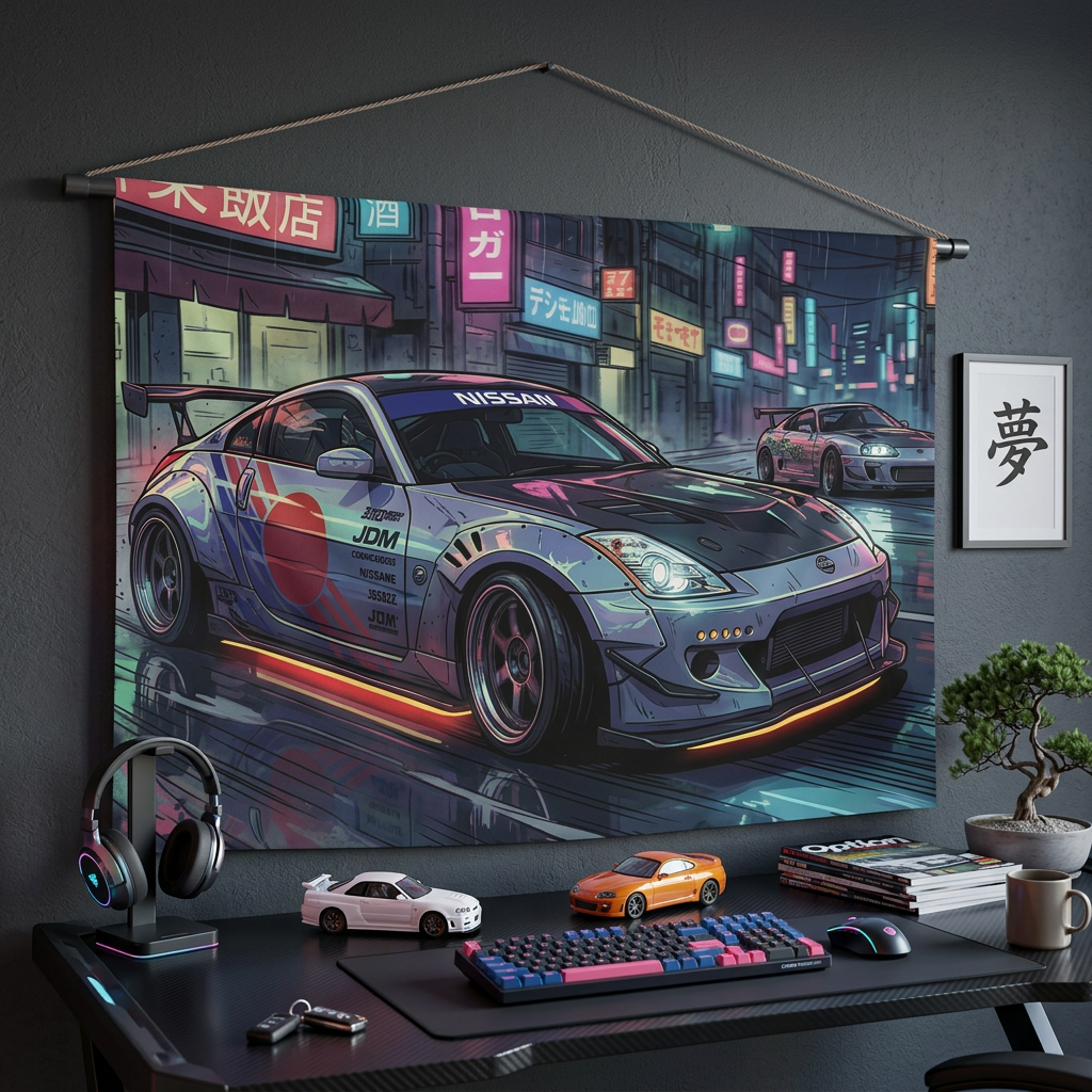 Nissan 350Z Race Livery Neon Tokyo Street JDM Drift Car Wall Art Tapestry