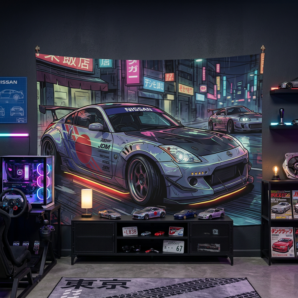Nissan 350Z Race Livery Neon Tokyo Street JDM Drift Car Wall Art Tapestry