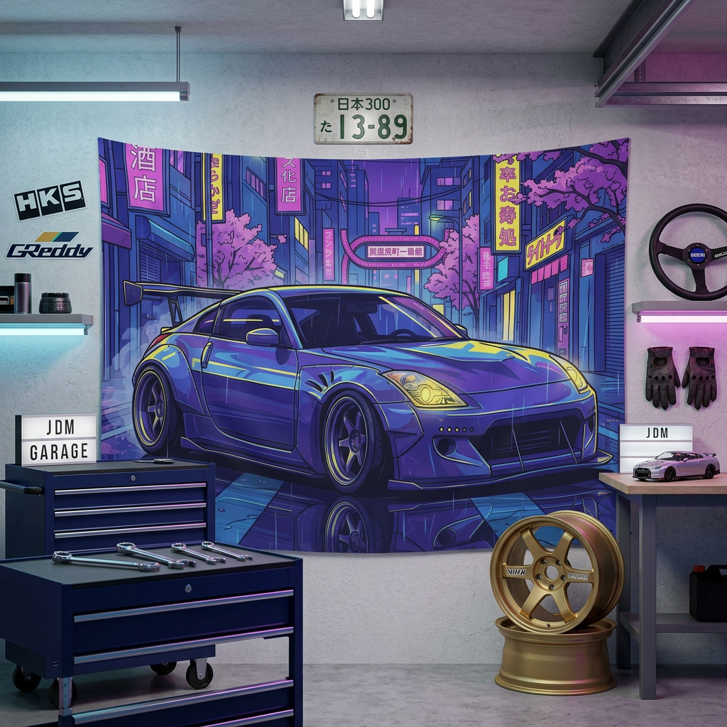 Nissan 350Z Widebody Neon Tokyo Night Rain JDM Car Wall Art Tapestry