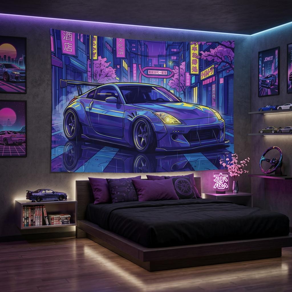 Nissan 350Z Widebody Neon Tokyo Night Rain JDM Car Wall Art Tapestry
