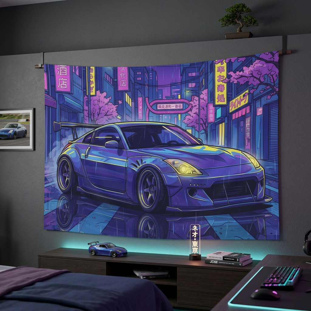Nissan 350Z Widebody Neon Tokyo Night Rain JDM Car Wall Art Tapestry