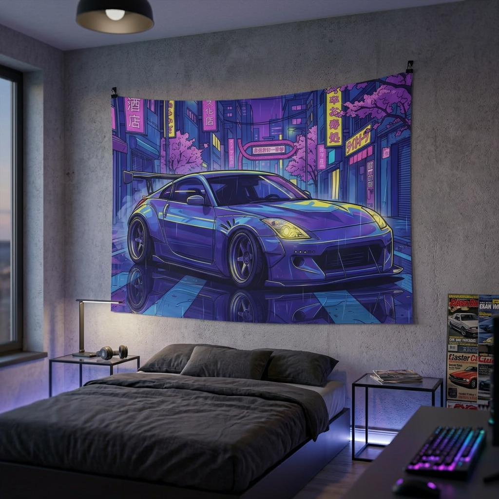 Nissan 350Z Widebody Neon Tokyo Night Rain JDM Car Wall Art Tapestry