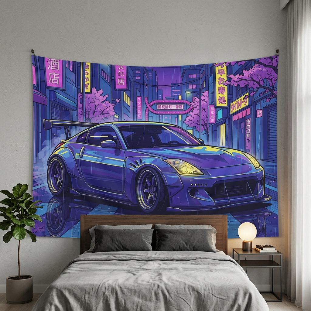 Nissan 350Z Widebody Neon Tokyo Night Rain JDM Car Wall Art Tapestry