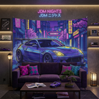 Nissan 350Z Widebody Neon Tokyo Night Rain JDM Car Wall Art Tapestry