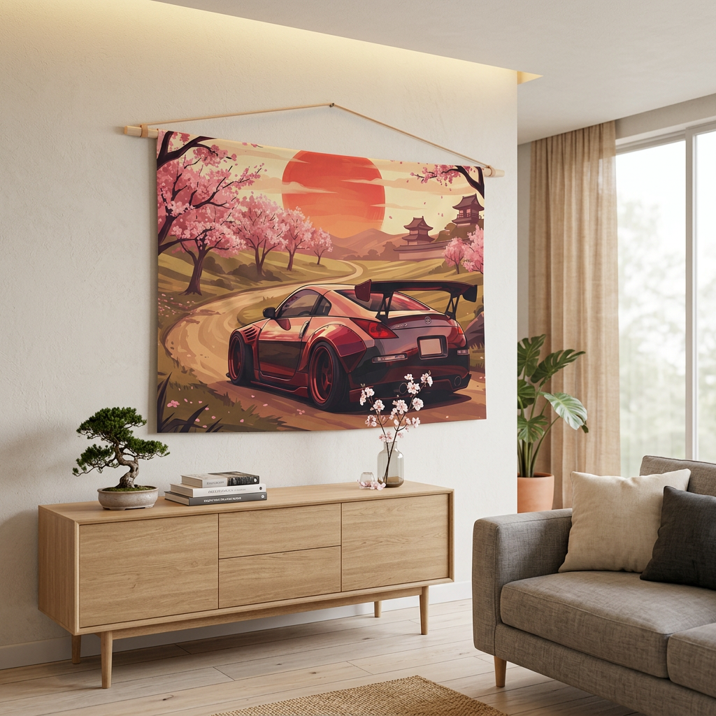 Nissan 350Z Cherry Blossom Rising Sun Japanese Temple Car Wall Art Tapestry