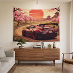 Nissan 350Z Cherry Blossom Rising Sun Japanese Temple Car Wall Art Tapestry