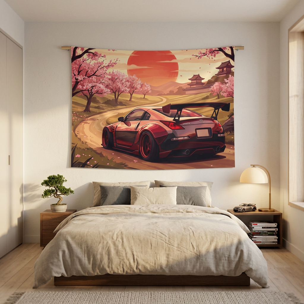 Nissan 350Z Cherry Blossom Rising Sun Japanese Temple Car Wall Art Tapestry