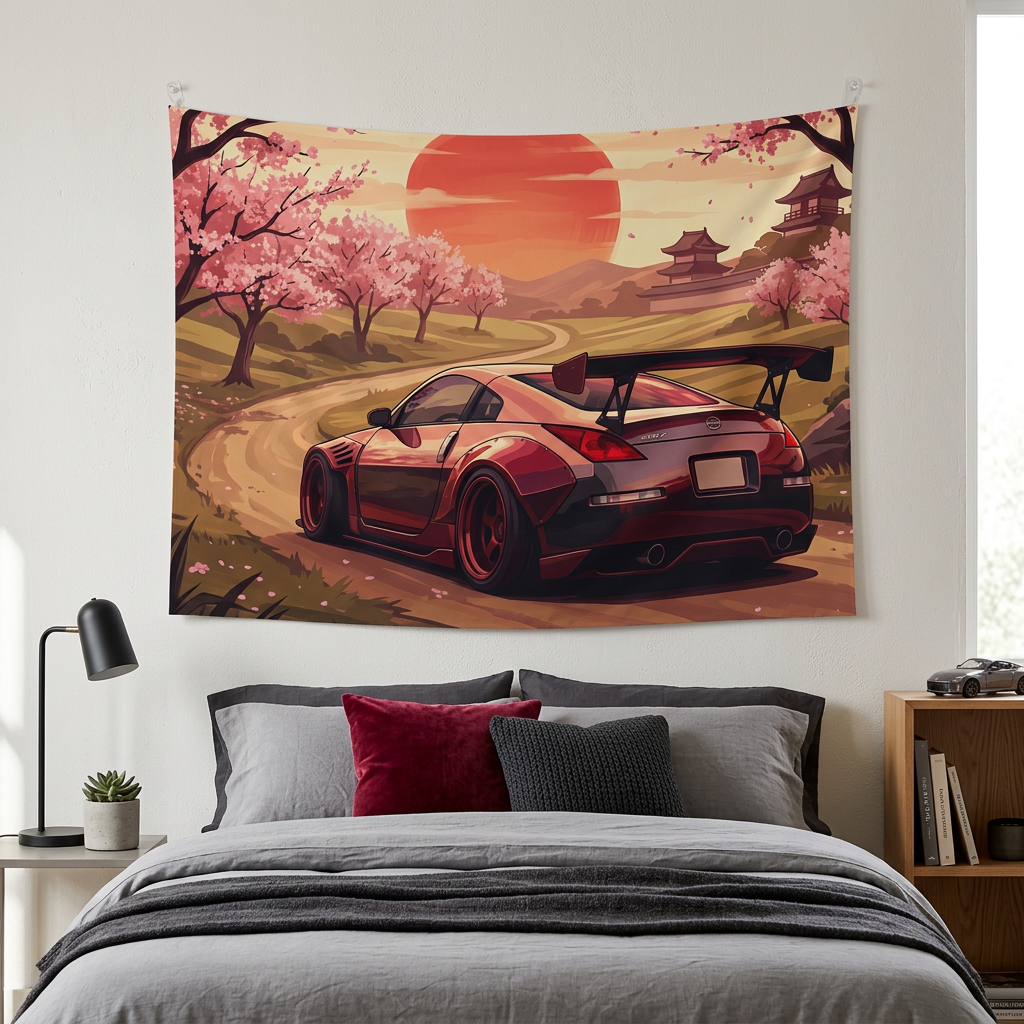 Nissan 350Z Cherry Blossom Rising Sun Japanese Temple Car Wall Art Tapestry