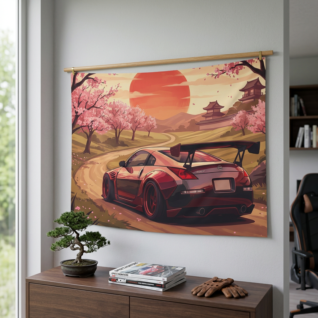 Nissan 350Z Cherry Blossom Rising Sun Japanese Temple Car Wall Art Tapestry