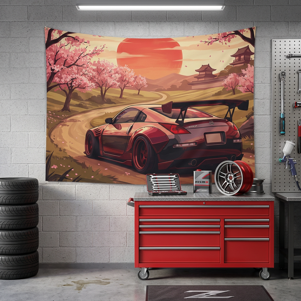 Nissan 350Z Cherry Blossom Rising Sun Japanese Temple Car Wall Art Tapestry