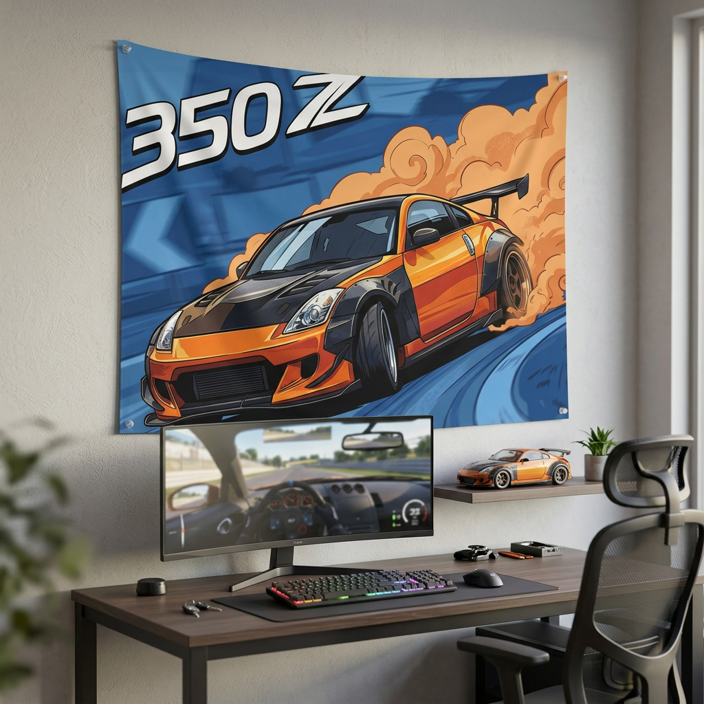 Nissan 350Z Drift Tyre Smoke Orange Pop Art Car Wall Art Tapestry
