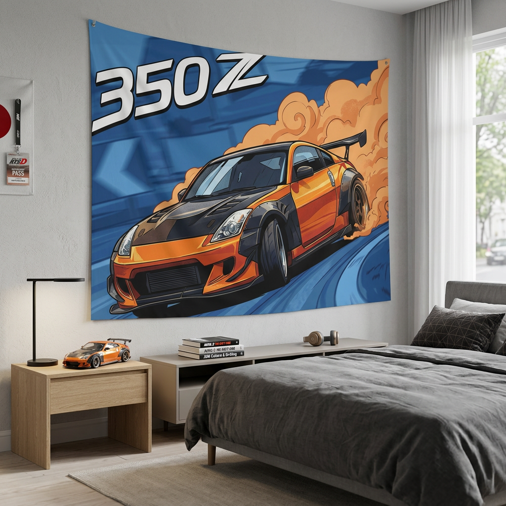 Nissan 350Z Drift Tyre Smoke Orange Pop Art Car Wall Art Tapestry