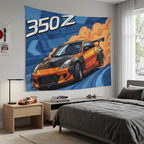 Nissan 350Z Drift Tyre Smoke Orange Pop Art Car Wall Art Tapestry