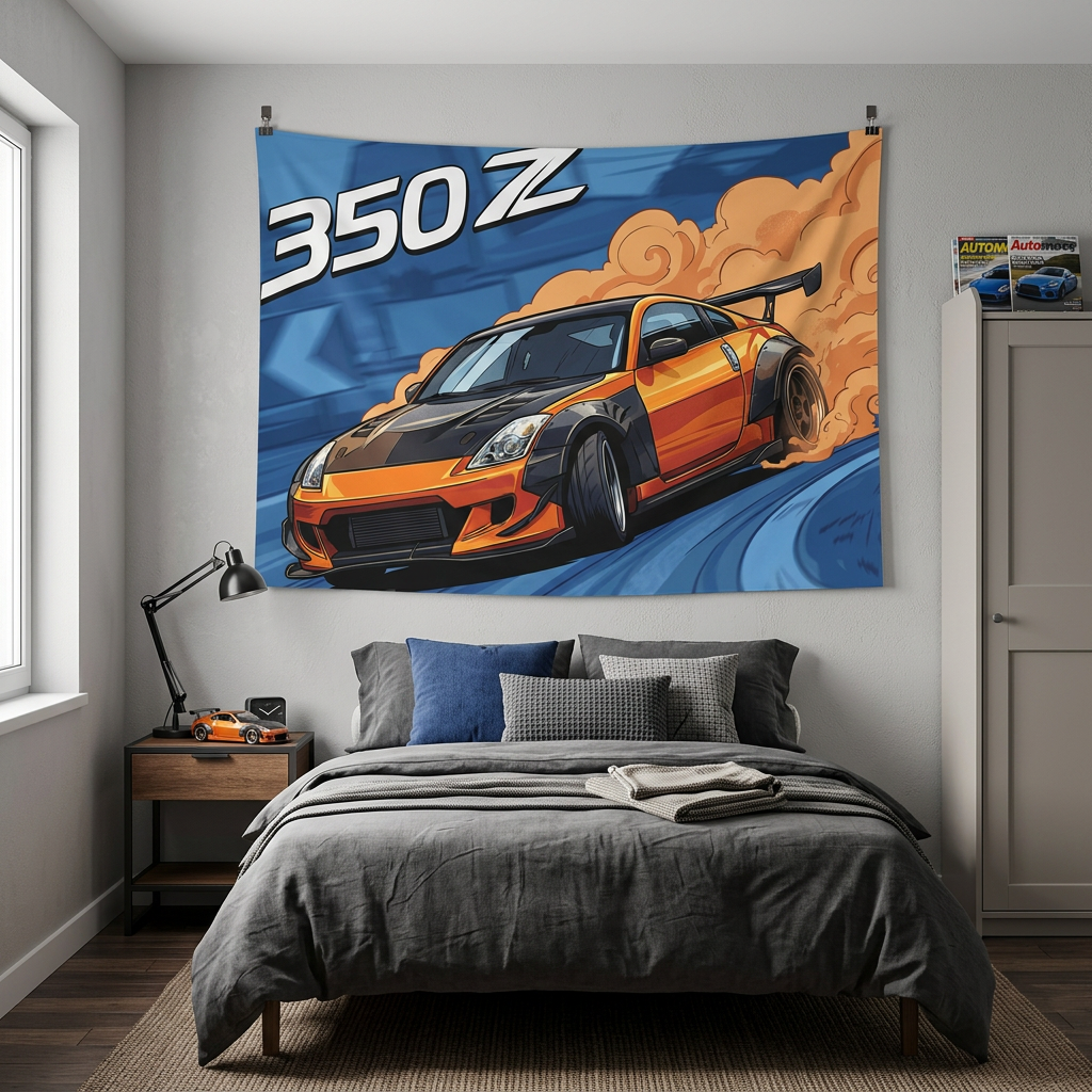 Nissan 350Z Drift Tyre Smoke Orange Pop Art Car Wall Art Tapestry